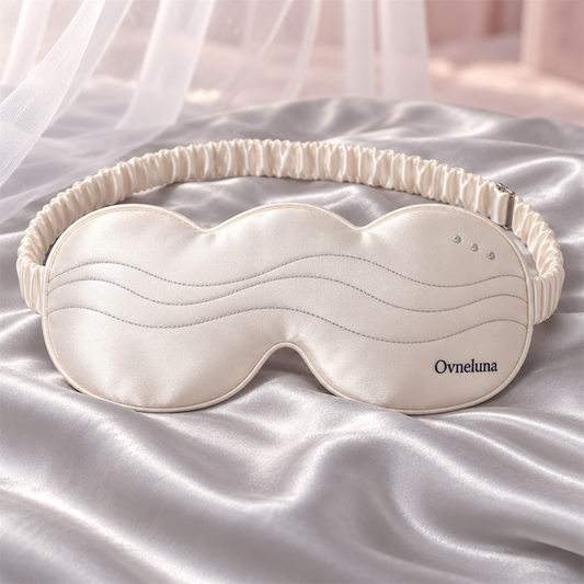 Ovneluna Ivory Drift Sleep Mask worn during a calm night routine